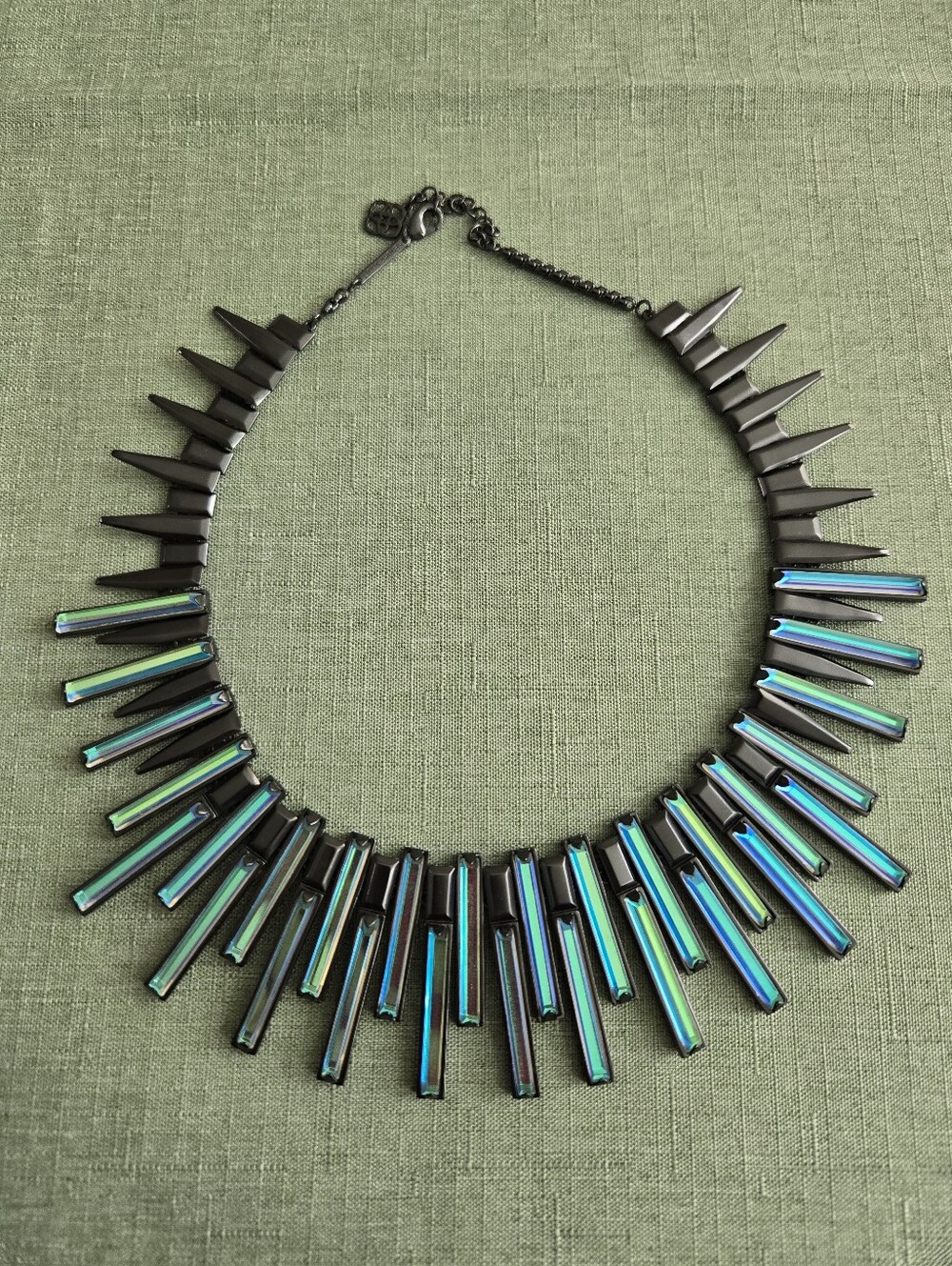 Kendra Scott Kaplan statement necklace gunmetal and dichroic glass.